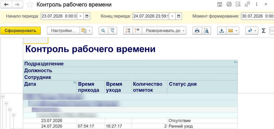 Отчёт «Контроль рабочего времени» в 1С: подразделение, должность, сотрудник, дата, время прихода и ухода, число отметок и статус дня.